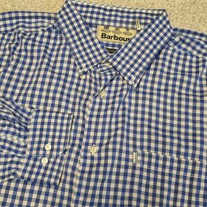 Barbour Tailored Shirt XL Blue White Gingham Check Button Down Cotton USA